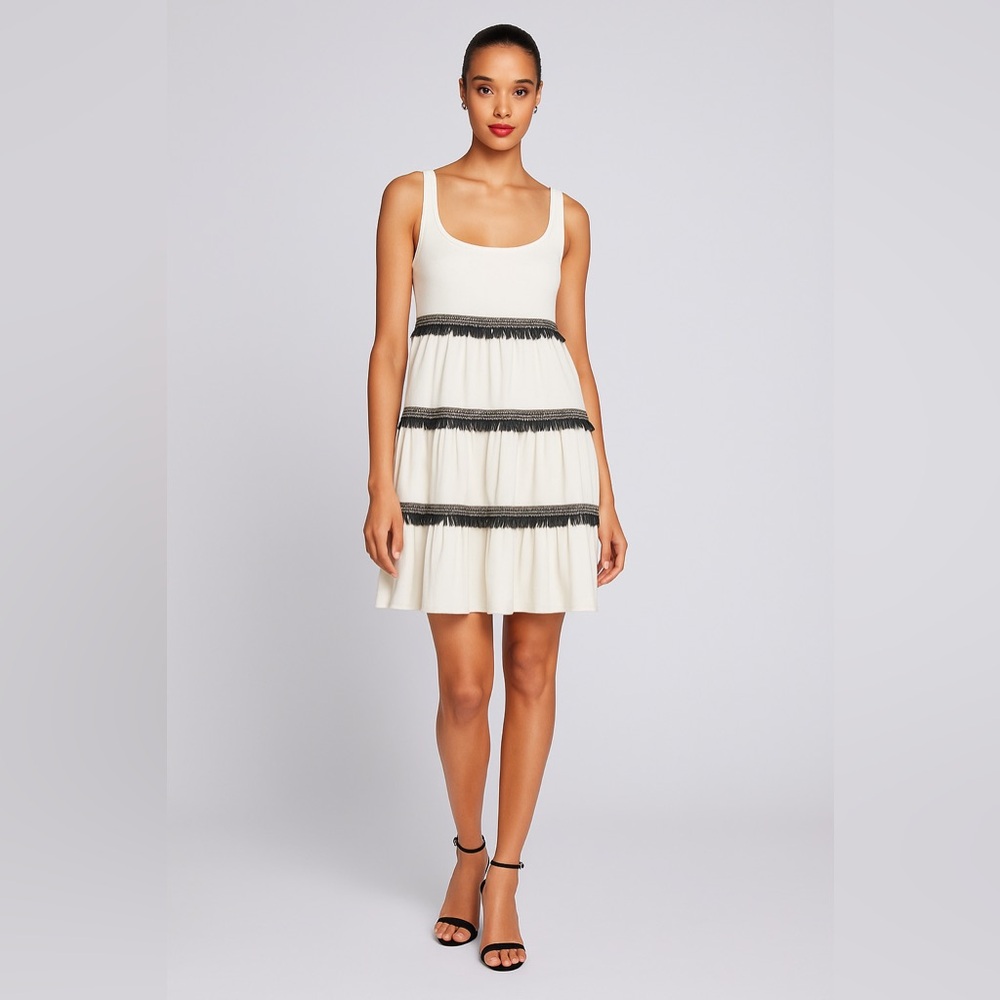 H by Halston White Black Fringe Tiered Dress Size 10 NWT